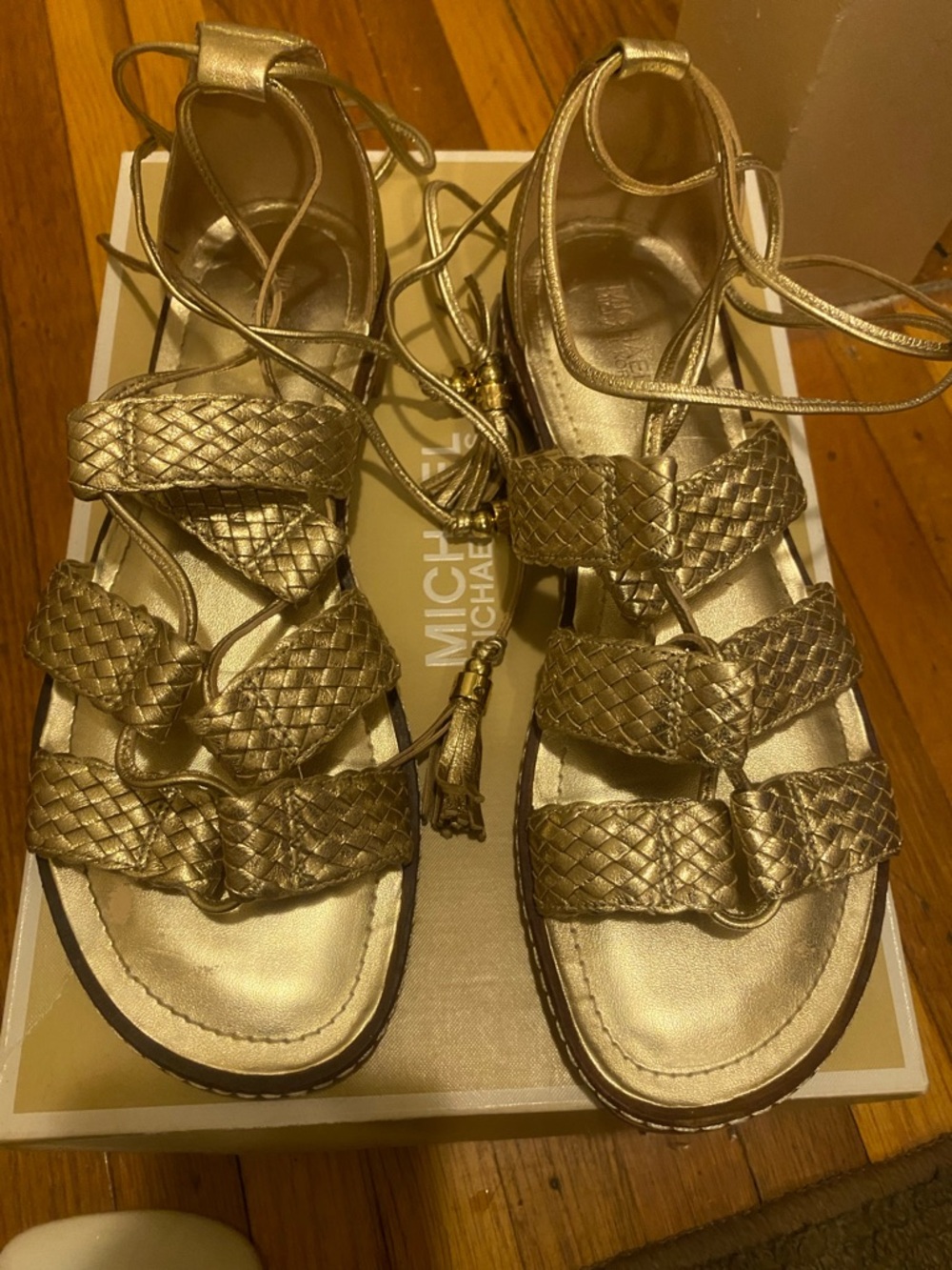 Michael Kors Metallic Gold Braided Lace-Up Sandals